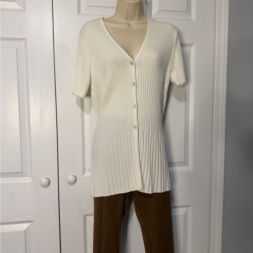 White Ribbed Button-Up Cardigan